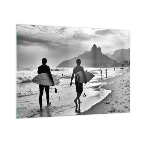 Glasbild - Bild auf glas - Surfer am Strand mit Brettern, Schwarz-Weiß-Komposition - 100x70cm - Single-Wave-Samba - Moderne Wanddekoration für Wohnzimmer und Schlafzimmer ARTTOR