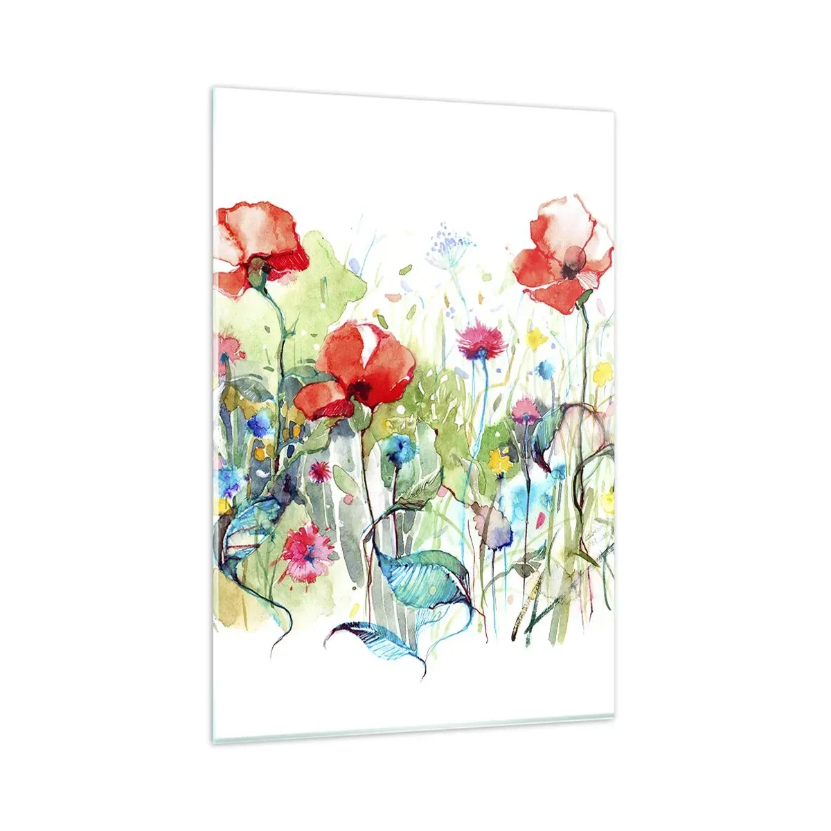 Glasbild - Bild auf glas - Eine Wiese mit roten Mohnblumen und bunten Blumen in Aquarell - 80x120cm - Blühende Maiwiese - Moderne Wanddekoration für Wohnzimmer und Schlafzimmer ARTTOR