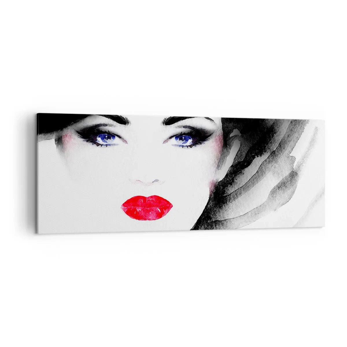 Bild auf Leinwand - Leinwandbild - Porträt einer Frau mit roten Lippen und intensiven blauen Augen - 140x50cm - Er drückt zurück und ruft an - Moderne Wanddekoration für Wohnzimmer und Schlafzimmer ARTTOR