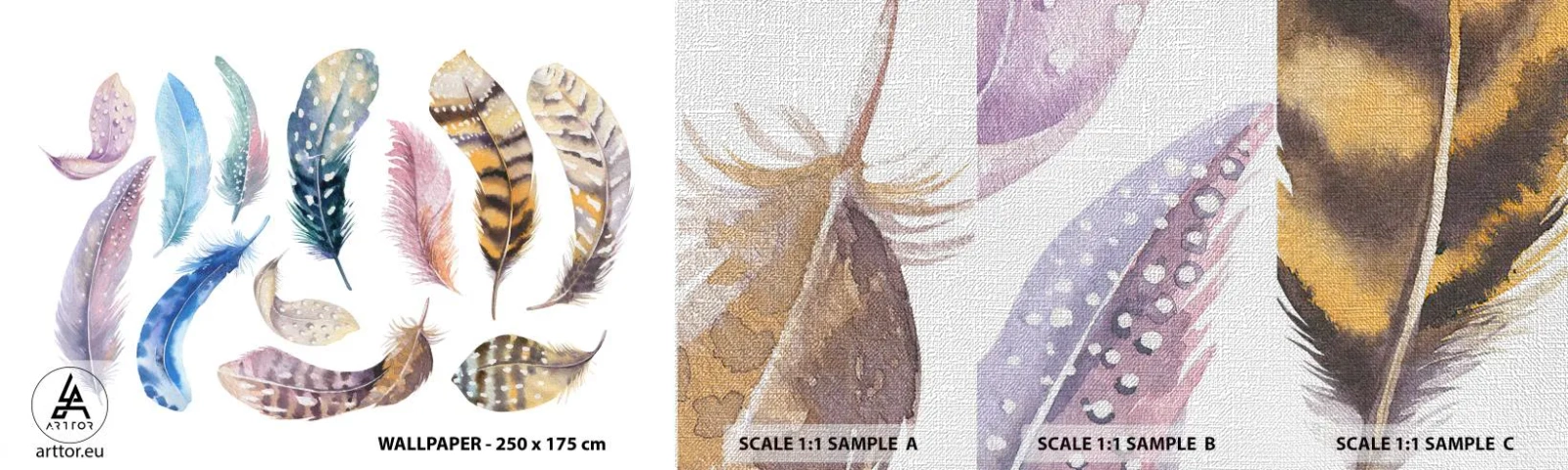 Fototapeten Muster Premium Canvas - Hell, bunt und bunt - Vogelfedern, Vögel, Grafik - 100x30 cm