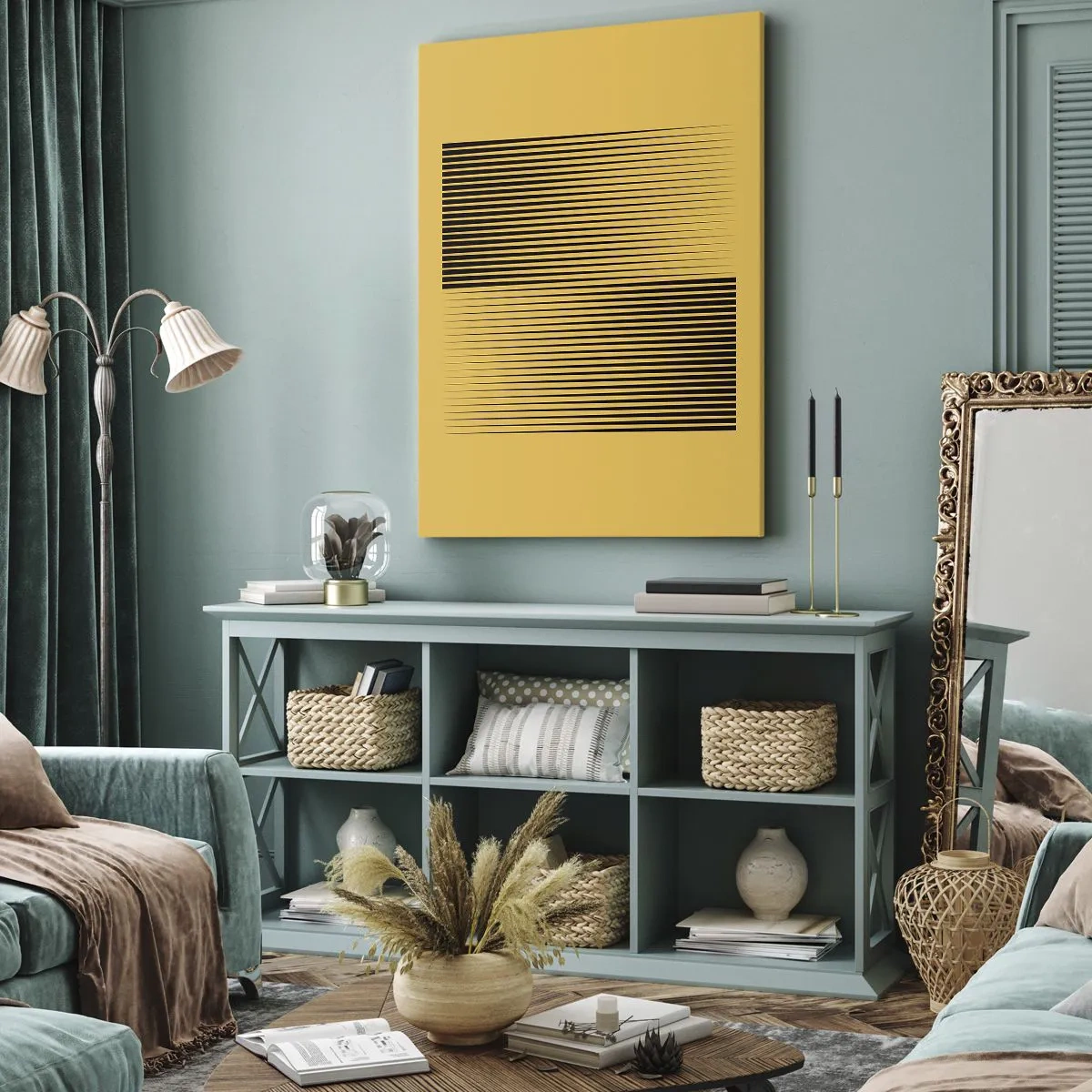Bild auf Leinwand - Leinwandbild - Vertikale schwarze Linien auf gelbem Hintergrund - 80x120cm - Quadratur der Gegensätze - Moderne Wanddekoration für Wohnzimmer und Schlafzimmer ARTTOR