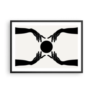 Poster in einem schwarzem Rahmen - Schwarze Hände in einer symmetrischen Komposition mit einer Kugel - 70x50cm - Geheimes Zeichen - Moderne Wanddekoration für Wohnzimmer und Schlafzimmer ARTTOR
