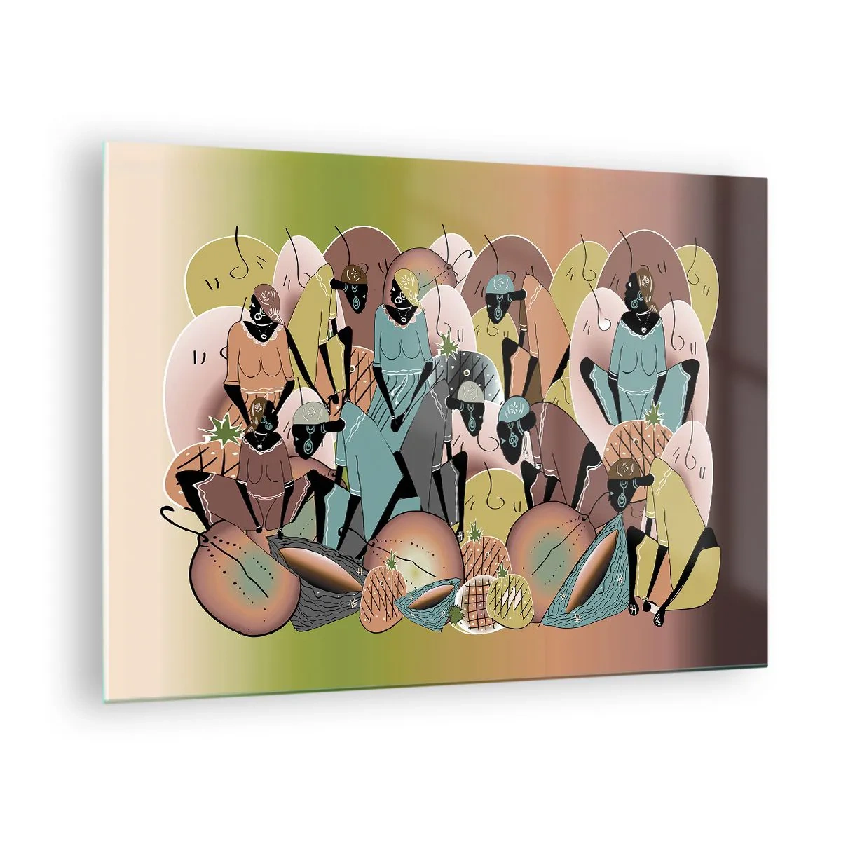 Glasbild - Bild auf glas - Eine abstrakte Illustration von Figuren in Beige-, Grün- und Rosatönen. - 70x50cm - Ein toller Urlaub steht bevor - Moderne Wanddekoration für Wohnzimmer und Schlafzimmer ARTTOR
