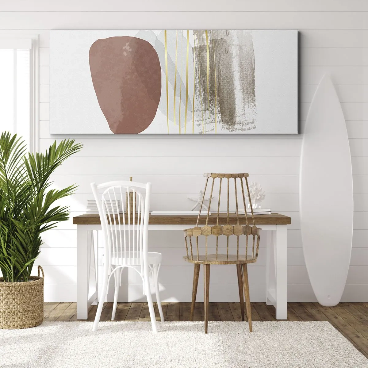 Bild auf Leinwand - Leinwandbild - Abstrakte Komposition in Beige- und Goldtönen - 140x50cm - Abstrakte Kolonnade - Moderne Wanddekoration für Wohnzimmer und Schlafzimmer ARTTOR