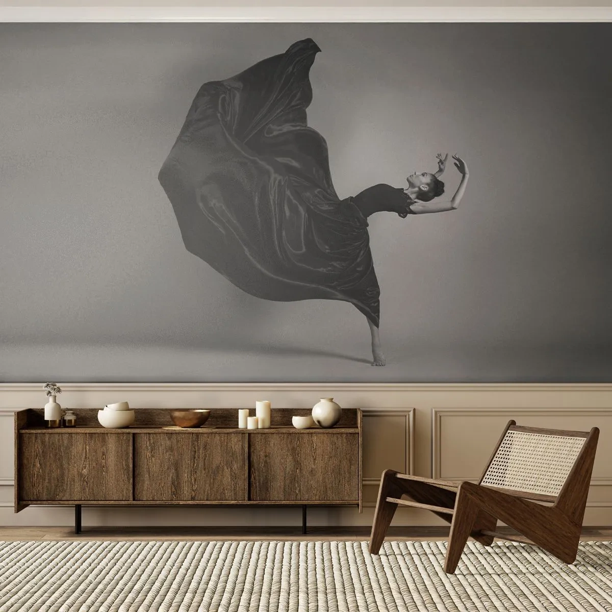 Fototapete Premium Sand - Eine Tänzerin in einem schwarzen Kleid in dynamischer Bewegung eingefangen - 100x70cm - Beflügelt durch die Musik - Moderne Wanddekoration für Wohnzimmer und Schlafzimmer ARTTOR