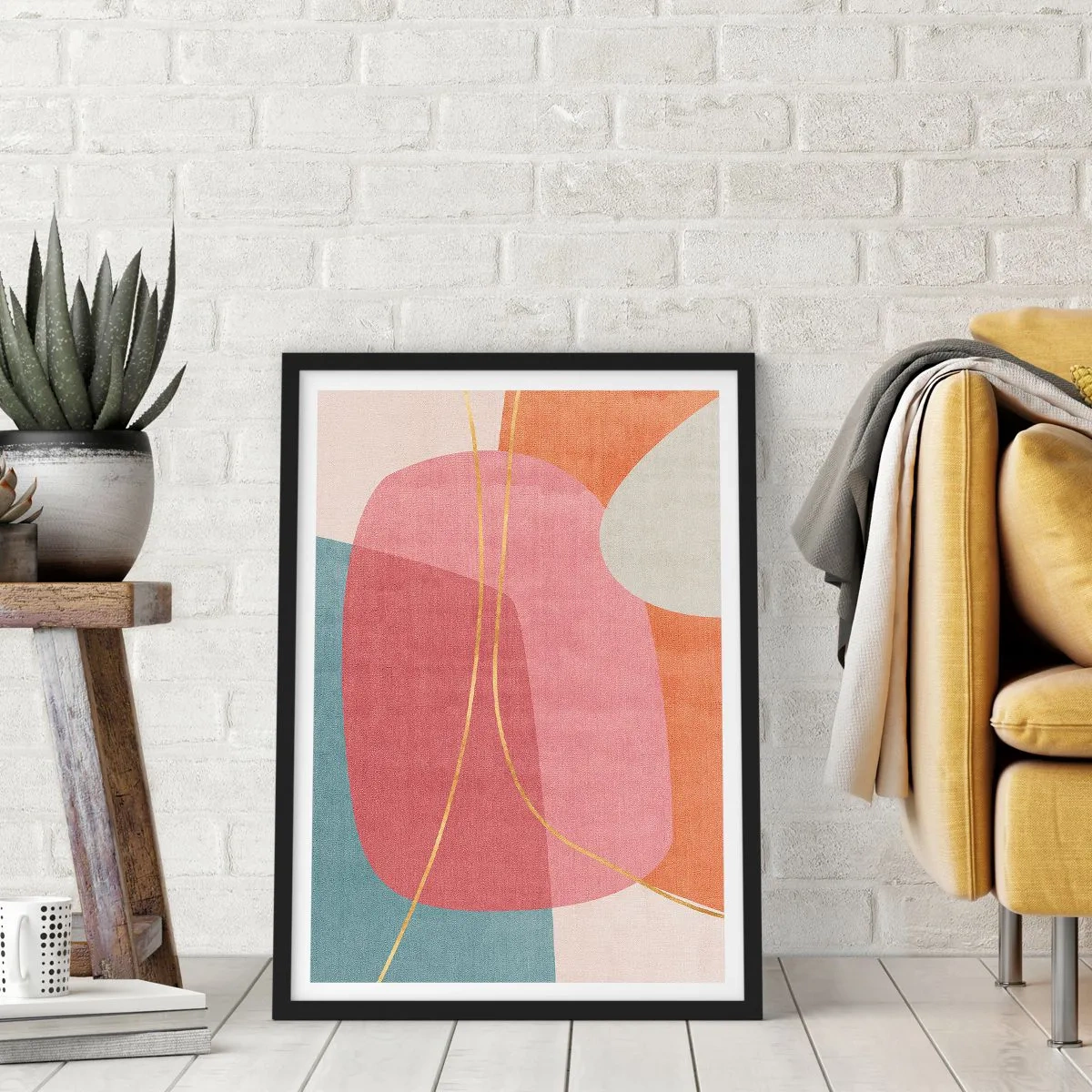 Poster in einem schwarzem Rahmen - Pastellkomposition mit Goldfaden - 70x100 cm