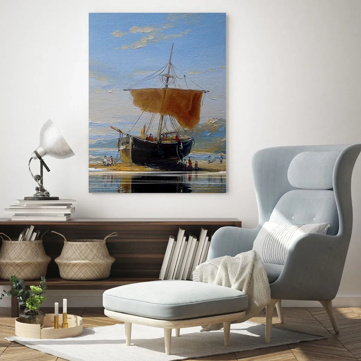 Glasbild - Bild auf glas - Ein Schiff mit Segel am Ufer im malerischen Stil - 50x70cm - Wasser, Land, Luft - Moderne Wanddekoration für Wohnzimmer und Schlafzimmer ARTTOR