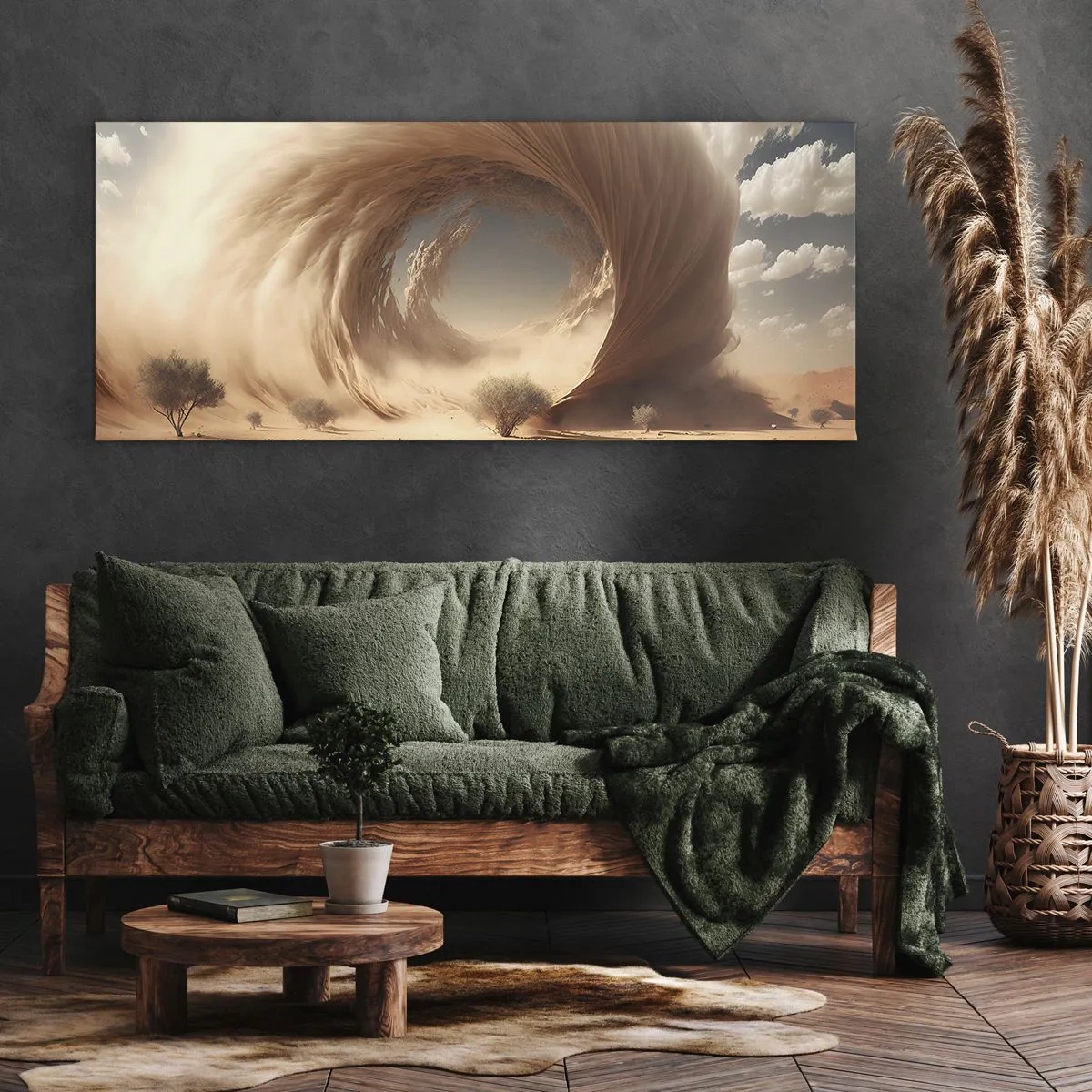 Bild auf Leinwand - Leinwandbild - Dynamischer Sandwirbel in einer Wüste mit Bäumen - 160x50cm - Geöffnetes Portal - Moderne Wanddekoration für Wohnzimmer und Schlafzimmer ARTTOR