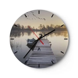 Wanduhr - Glasuhr - Ein Pier mit einem Boot bei Sonnenaufgang auf dem See - 30x30cm - Ich komme nach einiger Zeit zurück - Moderne Wanddekoration für Wohnzimmer, Küche und Schlafzimmer ARTTOR