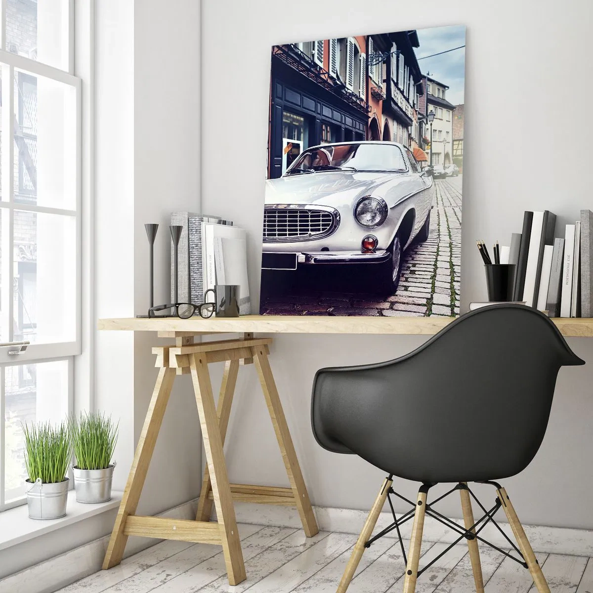 Glasbild - Bild auf glas - Ein klassisches weißes Auto auf einer gepflasterten Stadtstraße - 80x120cm - Die Vergangenheit ist heute - Moderne Wanddekoration für Wohnzimmer und Schlafzimmer ARTTOR