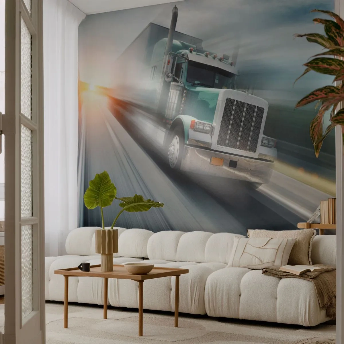 Fototapete Premium Sand - Ein Lastwagen rast auf der Autobahn in den Sonnenuntergang - 100x70cm - Der amerikanische Riese in Eile - Moderne Wanddekoration für Wohnzimmer und Schlafzimmer ARTTOR