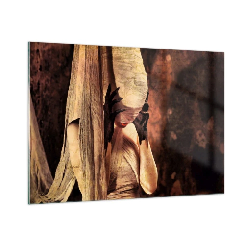 Glasbild - Bild auf glas - Eine geheimnisvolle Frau, umgeben von goldenen Stoffen - 100x70cm - Zwischen Gut und Böse - Moderne Wanddekoration für Wohnzimmer und Schlafzimmer ARTTOR