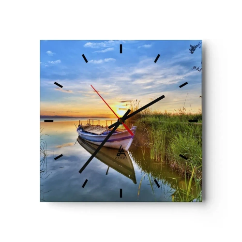 Wanduhr - Glasuhr - Ein Boot in einer ruhigen Bucht bei Sonnenuntergang - 30x30cm - Bucht erfüllter Träume - Moderne Wanddekoration für Wohnzimmer und Schlafzimmer ARTTOR