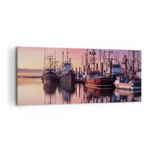 Bild auf Leinwand - Leinwandbild - Fischerboote im Hafen bei Sonnenuntergang - 120x50cm - Vor dem nächsten Tag - Moderne Wanddekoration für Wohnzimmer und Schlafzimmer ARTTOR
