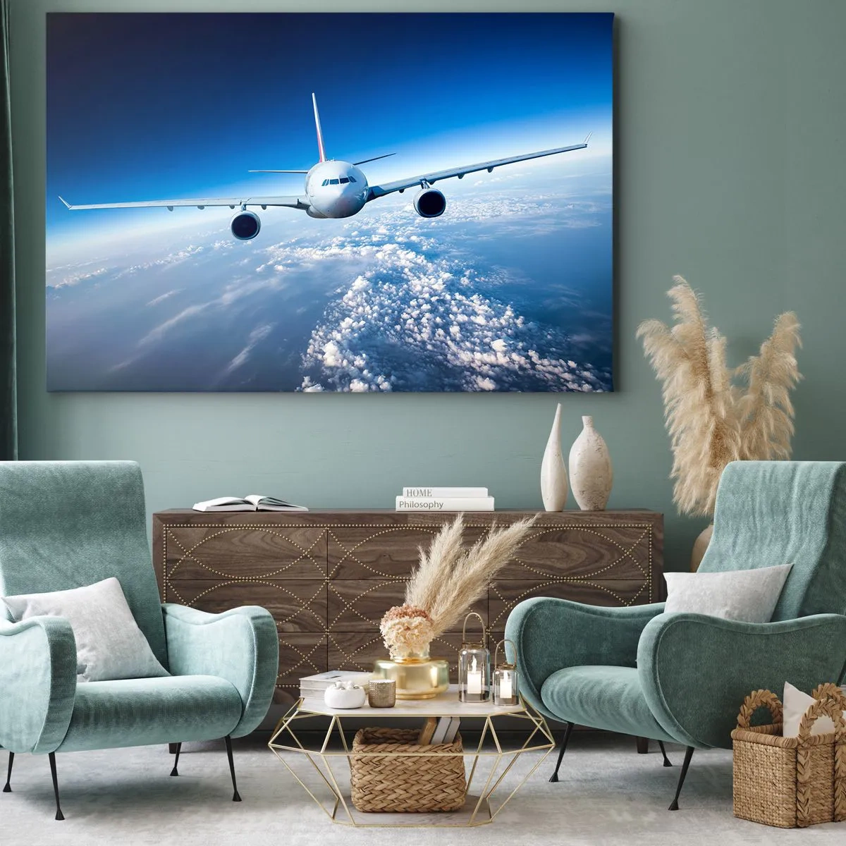 Bild auf Leinwand - Leinwandbild - Ein Flugzeug fliegt über den Wolken vor blauem Himmel - 70x50cm - Ich fliege, weil ich es kann - Moderne Wanddekoration für Wohnzimmer und Schlafzimmer ARTTOR