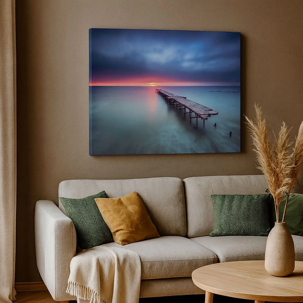 Bild auf Leinwand - Leinwandbild - Ein Holzsteg, der bei Sonnenuntergang direkt aufs Meer hinausführt - 70x50cm - Zwischen Himmel und Erde - Moderne Wanddekoration für Wohnzimmer und Schlafzimmer ARTTOR