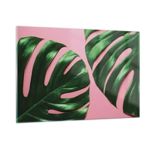 Glasbild - Bild auf glas - Grüne Monstera-Blätter auf rosa Hintergrund - 120x80cm - Rendezvous im Grünen - Moderne Wanddekoration für Wohnzimmer und Schlafzimmer ARTTOR