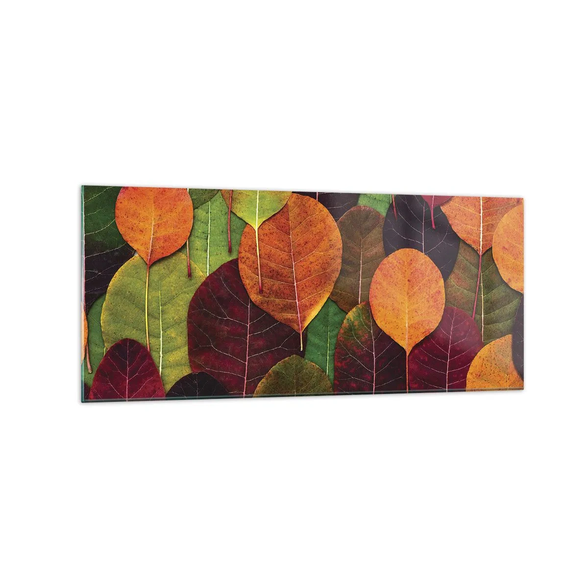 Glasbild - Bild auf glas - Bunte Blätter in einem herbstlichen Muster angeordnet - 120x50cm - Herbstmosaik - Moderne Wanddekoration für Wohnzimmer und Schlafzimmer ARTTOR