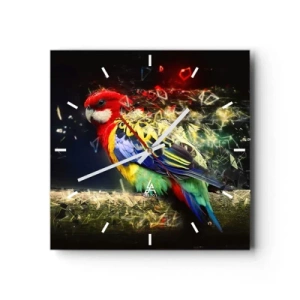 Wanduhr - Glasuhr - Ein Papagei in leuchtenden Farben vor einem Hintergrund aus Lichteffekten - 30x30cm - Botschafter des Strahlens - Moderne Wanddekoration für Wohnzimmer und Schlafzimmer ARTTOR