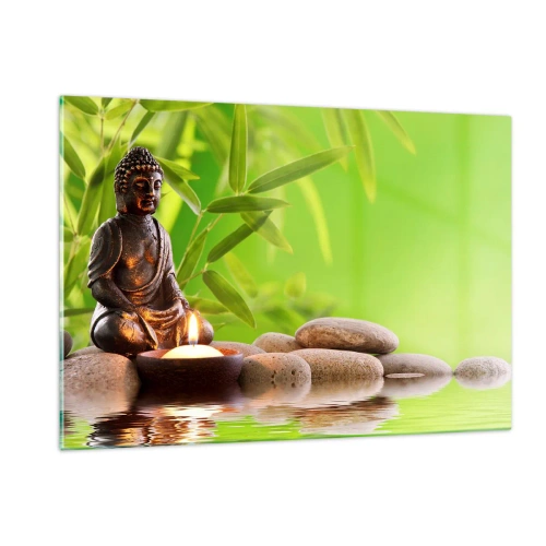 Glasbild - Bild auf glas - Eine Buddha-Figur mit einer brennenden Kerze in einer grünen Umgebung - 120x80cm - Das Leben ist wunderschoen - Moderne Wanddekoration für Wohnzimmer und Schlafzimmer ARTTOR
