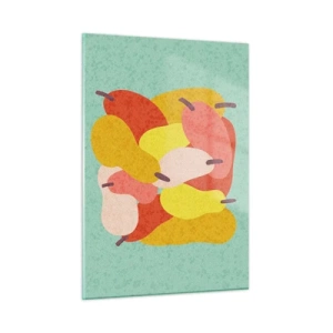 Glasbild - Bild auf glas - Bunte Birnen im grafischen Stil auf türkisfarbenem Hintergrund - 50x70cm - Probieren Sie die Sommersonne - Moderne Wanddekoration für Wohnzimmer und Schlafzimmer ARTTOR