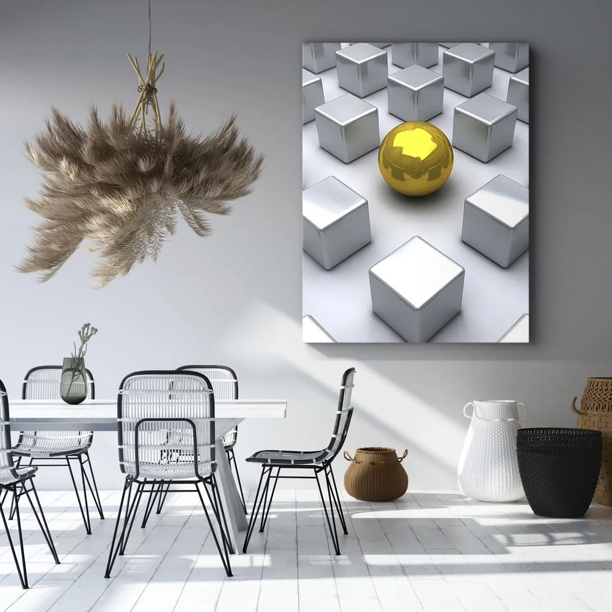 Bild auf Leinwand - Leinwandbild - Eine goldene Kugel, die zwischen den silbernen Würfeln hervorsticht - 80x120cm - Warum ich? Geometrische Zusammensetzung - Moderne Wanddekoration für Wohnzimmer und Schlafzimmer ARTTOR