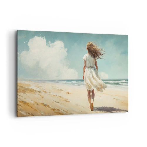 Bild auf Leinwand - Leinwandbild - Eine Frau in einem weißen Kleid geht an einem sonnigen Tag am Strand spazieren - 120x80cm - Der Sonne und dem Wind begegnen - Moderne Wanddekoration für Wohnzimmer und Schlafzimmer ARTTOR