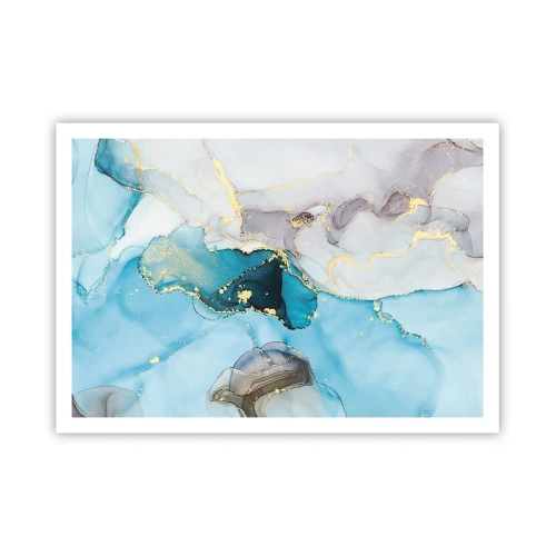Poster - Abstraktion in Blau- und Goldtönen mit subtilen Linien - 100x70cm - Eine Studie über das Zusammentreffen von Grau und Türkis - Moderne Wanddekoration für Wohnzimmer und Schlafzimmer ARTTOR