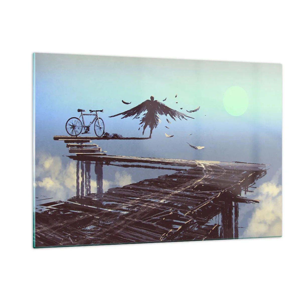 Glasbild - Bild auf glas - Eine Figur mit einem Fahrrad auf einer Holzbrücke über den Wolken - 120x80cm - Ikarus lebt für immer - Moderne Wanddekoration für Wohnzimmer und Schlafzimmer ARTTOR