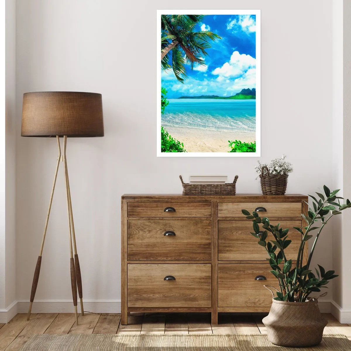 Poster - Tropischer Strand mit Palmen und azurblauem Meer - 50x70cm - Das Azurblau der Tropen - Moderne Wanddekoration für Wohnzimmer und Schlafzimmer ARTTOR
