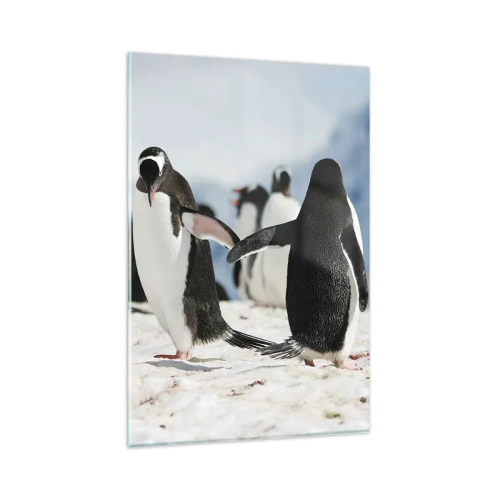 Glasbild - Bild auf glas - Eine Gruppe Pinguine im Schnee in einer antarktischen Landschaft - 80x120cm - Tanzen im Schnee - Moderne Wanddekoration für Wohnzimmer und Schlafzimmer ARTTOR