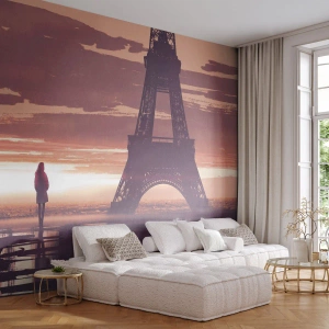 Fototapete Premium Sand - Der Eiffelturm bei Sonnenuntergang mit einer einsamen Gestalt im Hintergrund - 100x70cm - Nur zwei davon - Moderne Wanddekoration für Wohnzimmer und Schlafzimmer ARTTOR