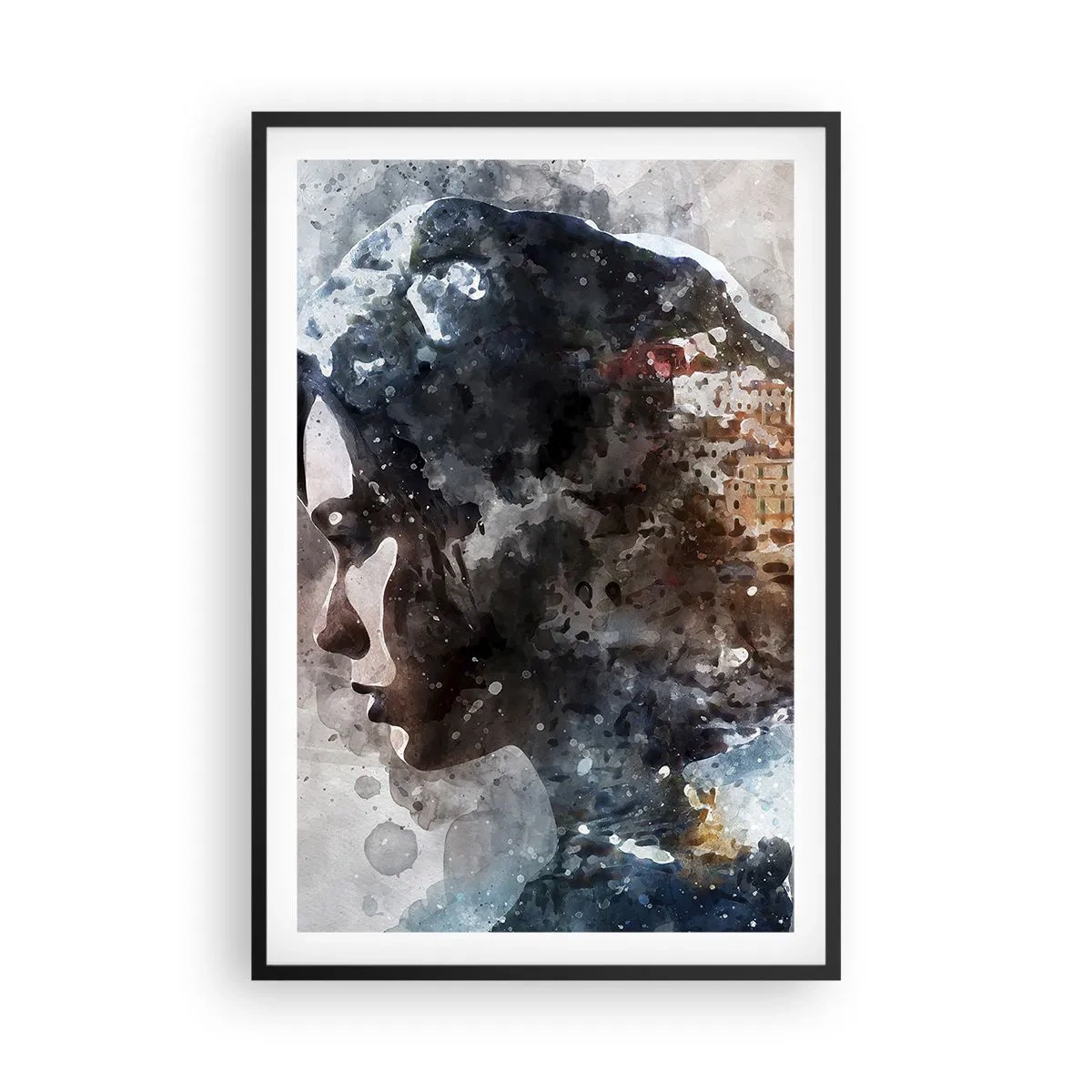 Poster in einem schwarzem Rahmen - Eine Geschichte über ein Mädchen mit einer Stadt im Hintergrund - 61x91 cm