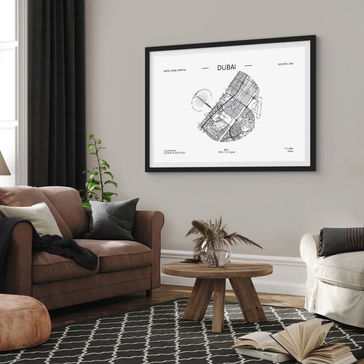 Poster in einem schwarzem Rahmen - Eine minimalistische Schwarzweißkarte von Dubai mit Standortmarkierungen. - 70x50cm - Anatomie von Dubai - Moderne Wanddekoration für Wohnzimmer und Schlafzimmer ARTTOR