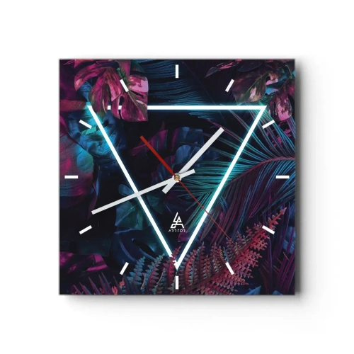 Wanduhr - Glasuhr - Ein Neondreieck, umgeben von tropischen Blättern in dunklen Farben. - 30x30cm - Garten im Disco-Stil - Moderne Wanddekoration für Wohnzimmer und Schlafzimmer ARTTOR