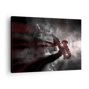 Bild auf Leinwand - Leinwandbild - Saxophonist im Rauch auf der Bühne in stimmungsvollem Schwarz und Rot - 70x50cm - In den Dämpfen des Jazz - Moderne Wanddekoration für Wohnzimmer und Schlafzimmer ARTTOR
