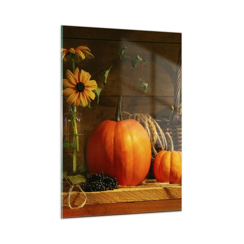 Glasbild - Bild auf glas - Herbstliches Stillleben mit Kürbissen und Blumen - 50x70cm - Eine rustikale Komposition - Geschenke des Herbstes - Moderne Wanddekoration für Wohnzimmer und Schlafzimmer ARTTOR