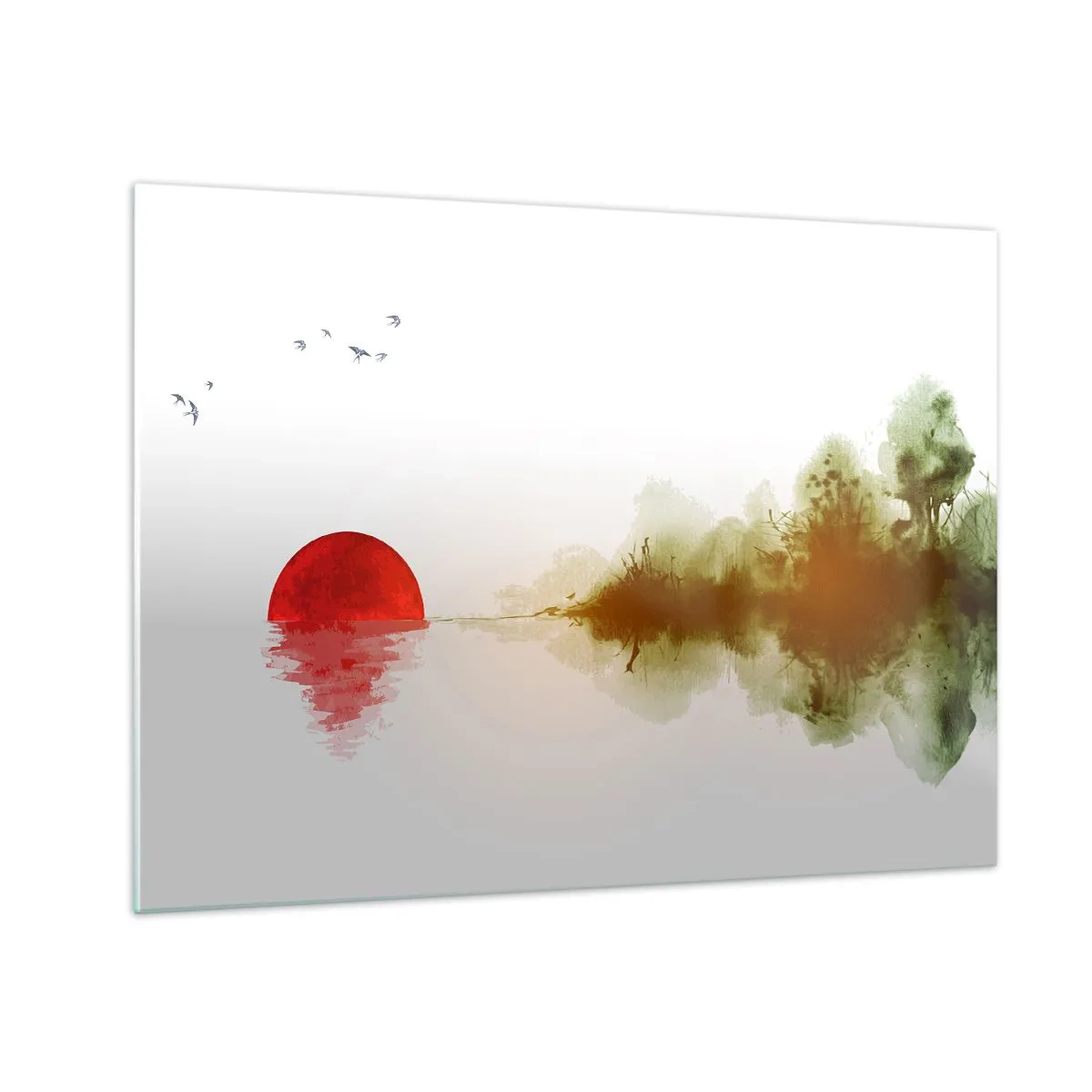 Glasbild - Bild auf glas - Rote Sonne über dem Wasser und dem Waldumriss - 70x50cm - Versprechen der Ruhe - Moderne Wanddekoration für Wohnzimmer und Schlafzimmer ARTTOR