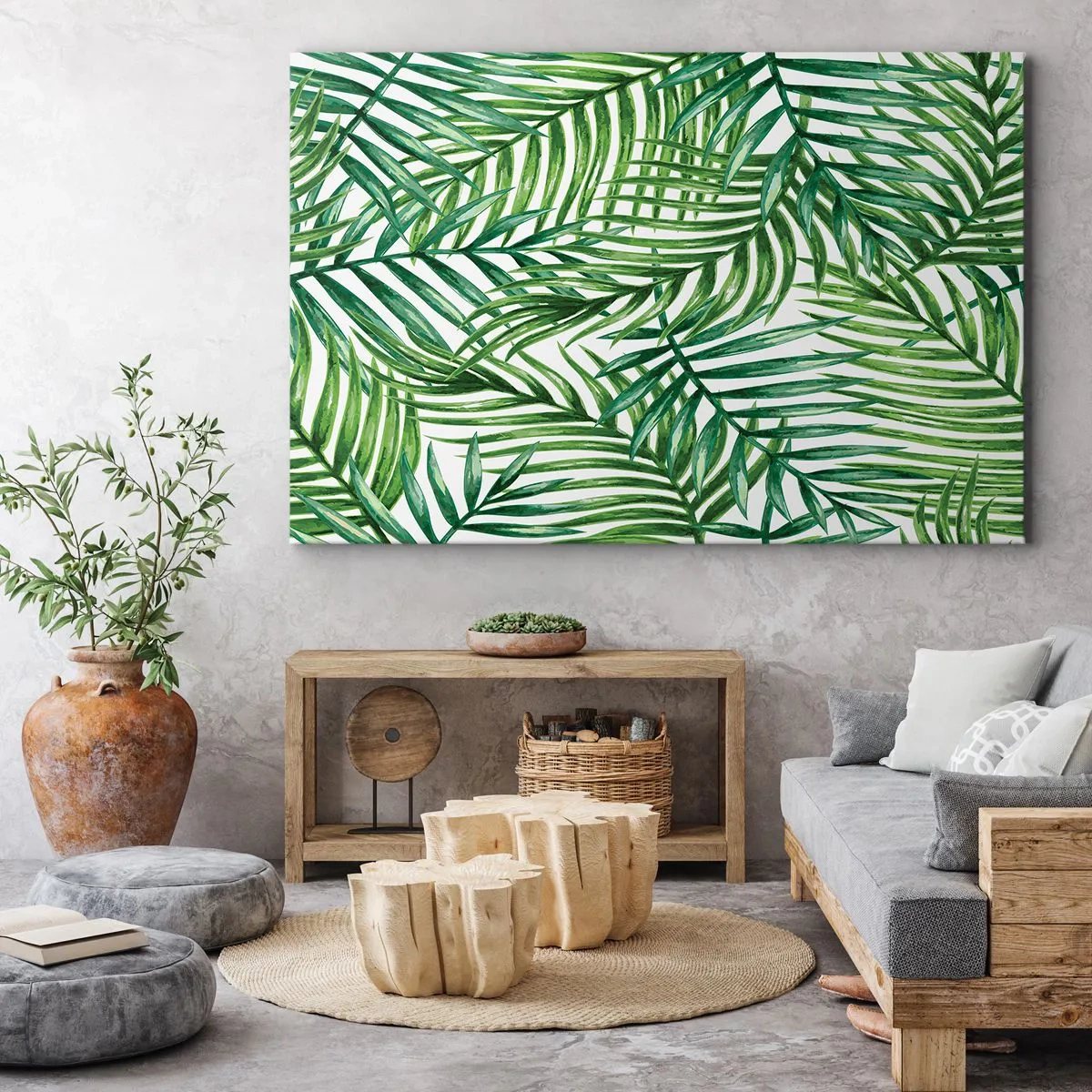 Bild auf Leinwand - Leinwandbild - Grüne tropische Palmblätter auf hellem Hintergrund - 120x80cm - Unter dem grünen Baldachin - Moderne Wanddekoration für Wohnzimmer und Schlafzimmer ARTTOR