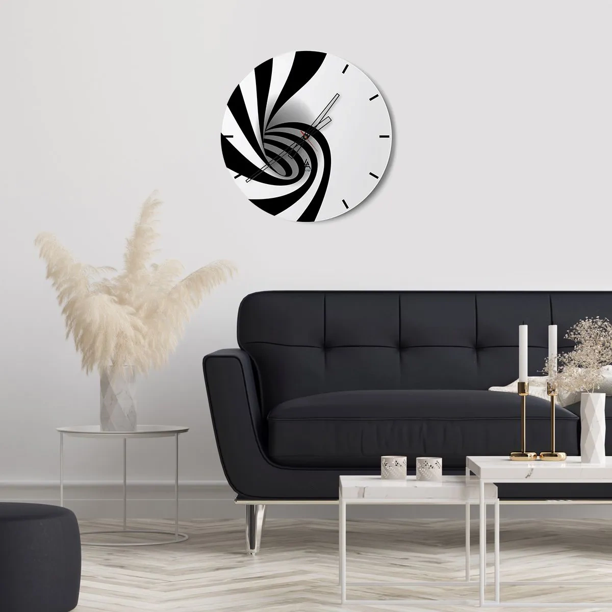 Wanduhr - Glasuhr - Schwarz-weißer Wirbel im minimalistischen Stil - 30x30cm - Und doch dreht es sich - Moderne Wanddekoration für Wohnzimmer, Küche und Schlafzimmer ARTTOR