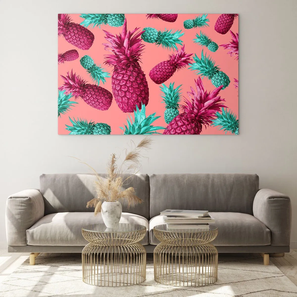 Glasbild - Bild auf glas - Bunte Ananas in Rosa- und Grüntönen auf rosa Hintergrund - 70x50cm - Freiheit ist süß - Moderne Wanddekoration für Wohnzimmer und Schlafzimmer ARTTOR