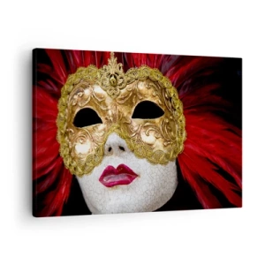 Bild auf Leinwand - Leinwandbild - Goldene venezianische Maske mit roten Federn - 70x50cm - Das Versprechen eines Karnevalsabenteuers - Moderne Wanddekoration für Wohnzimmer und Schlafzimmer ARTTOR