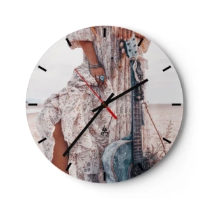 Wanduhr - Glasuhr - Boho-Stil mit einer Gitarre vor dem Strand und einem geblümten Kleid - 30x30cm - Kinderblumen auf dem Weg - Moderne Wanddekoration für Wohnzimmer, Küche und Schlafzimmer ARTTOR