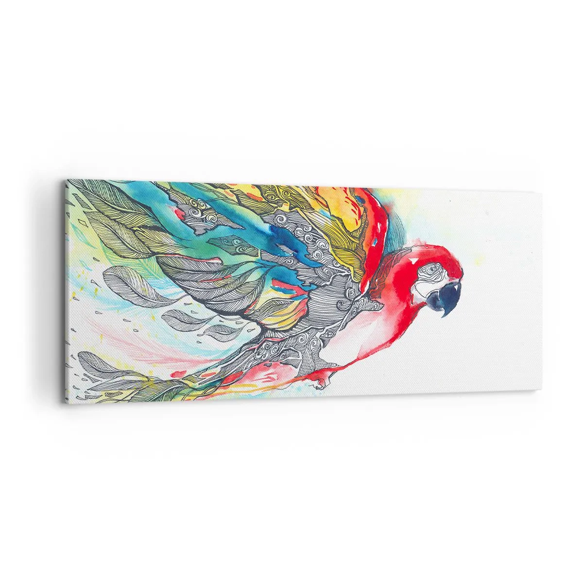 Bild auf Leinwand - Leinwandbild - Ein bunter Papagei im Flug mit abstrakten Mustern auf seinen Flügeln. - 120x50cm - Leben Sie bunt - Moderne Wanddekoration für Wohnzimmer und Schlafzimmer ARTTOR