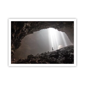 Poster - Eine Figur in einer Höhle, beleuchtet von Lichtstrahlen - 100x70cm - Die leuchtende Grotte - Moderne Wanddekoration für Wohnzimmer und Schlafzimmer ARTTOR