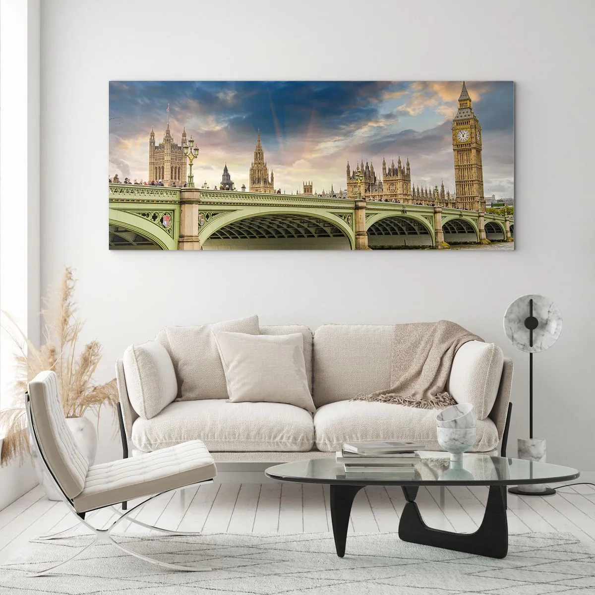 Glasbild - Bild auf glas - Big Ben und Westminster Bridge gegen den Himmel in der Abenddämmerung - 120x50cm - Im Imperium ist die Zeit stehen geblieben - Moderne Wanddekoration für Wohnzimmer und Schlafzimmer ARTTOR