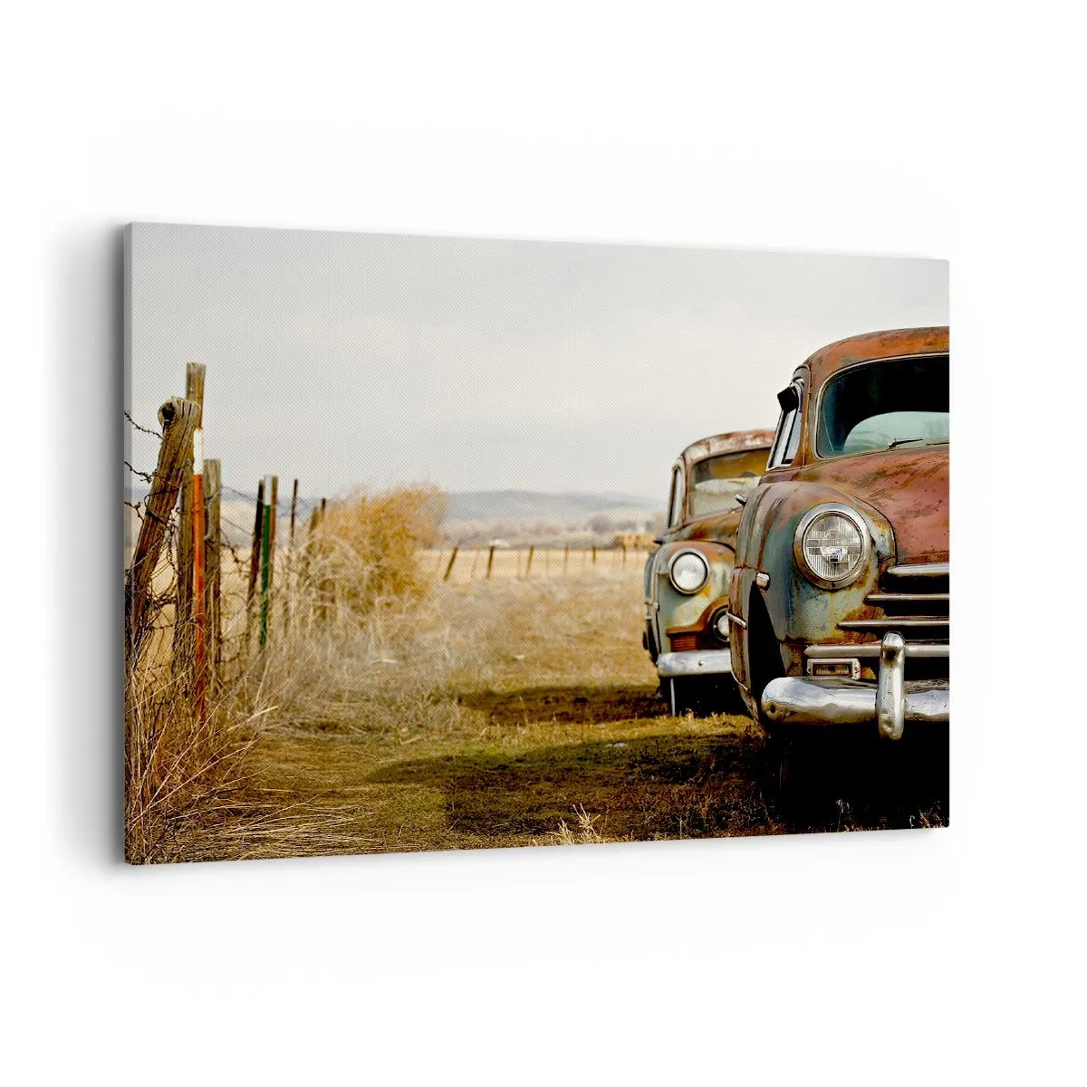 Bild auf Leinwand - Leinwandbild - Zwei alte Autos auf einem Feldweg neben einem Holzzaun - 100x70cm - Eine wohlverdiente Ruhe - Moderne Wanddekoration für Wohnzimmer und Schlafzimmer ARTTOR