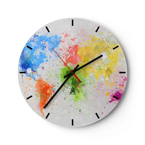 Wanduhr - Glasuhr - Eine bunte Weltkarte in Form von Aquarellflecken - 30x30cm - Alle Farben der Welt - Moderne Wanddekoration für Wohnzimmer, Küche und Schlafzimmer ARTTOR