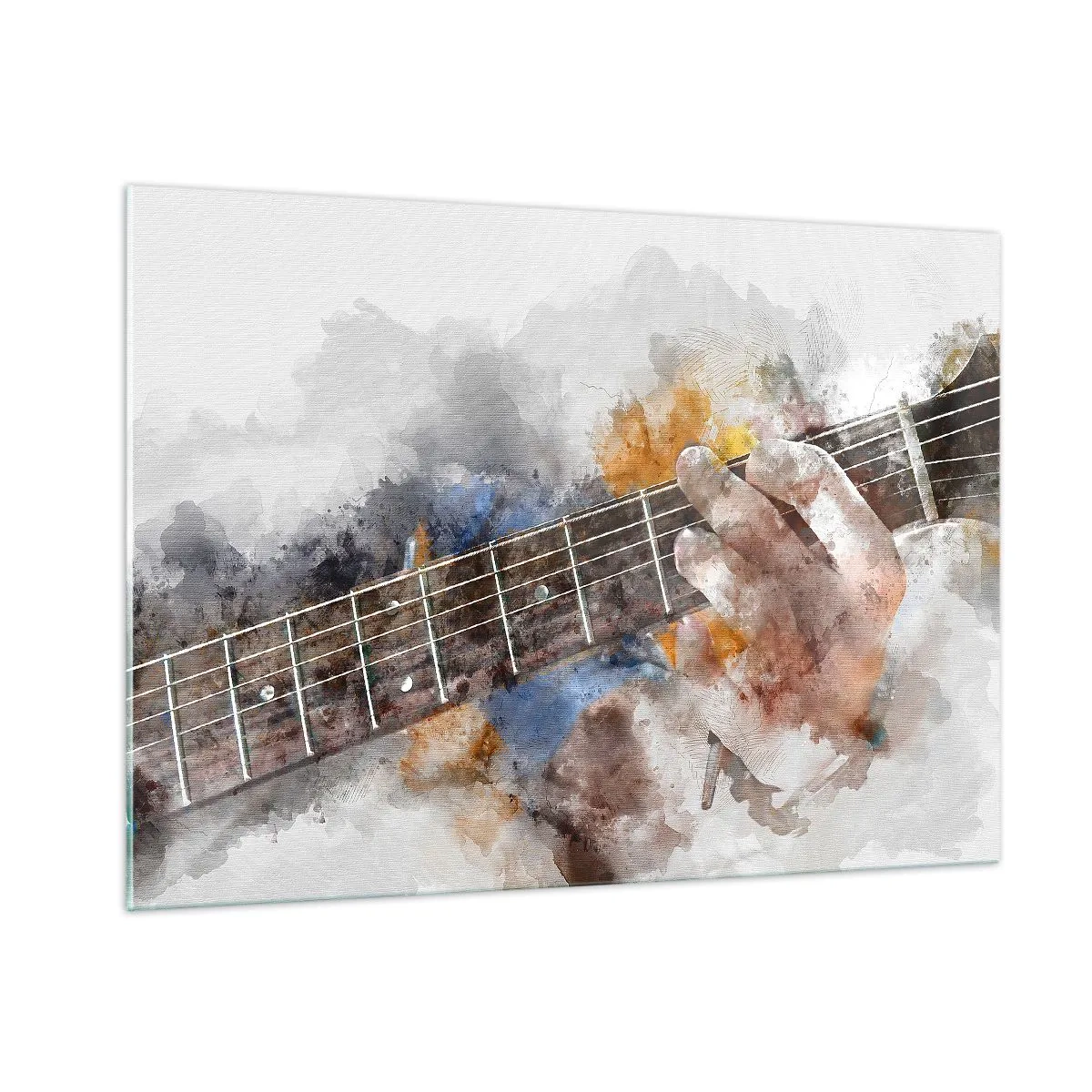 Glasbild - Bild auf glas - Aquarellmotiv einer Gitarre spielenden Hand - 100x70cm - Poesie zwischen den Saiten - Moderne Wanddekoration für Wohnzimmer und Schlafzimmer ARTTOR