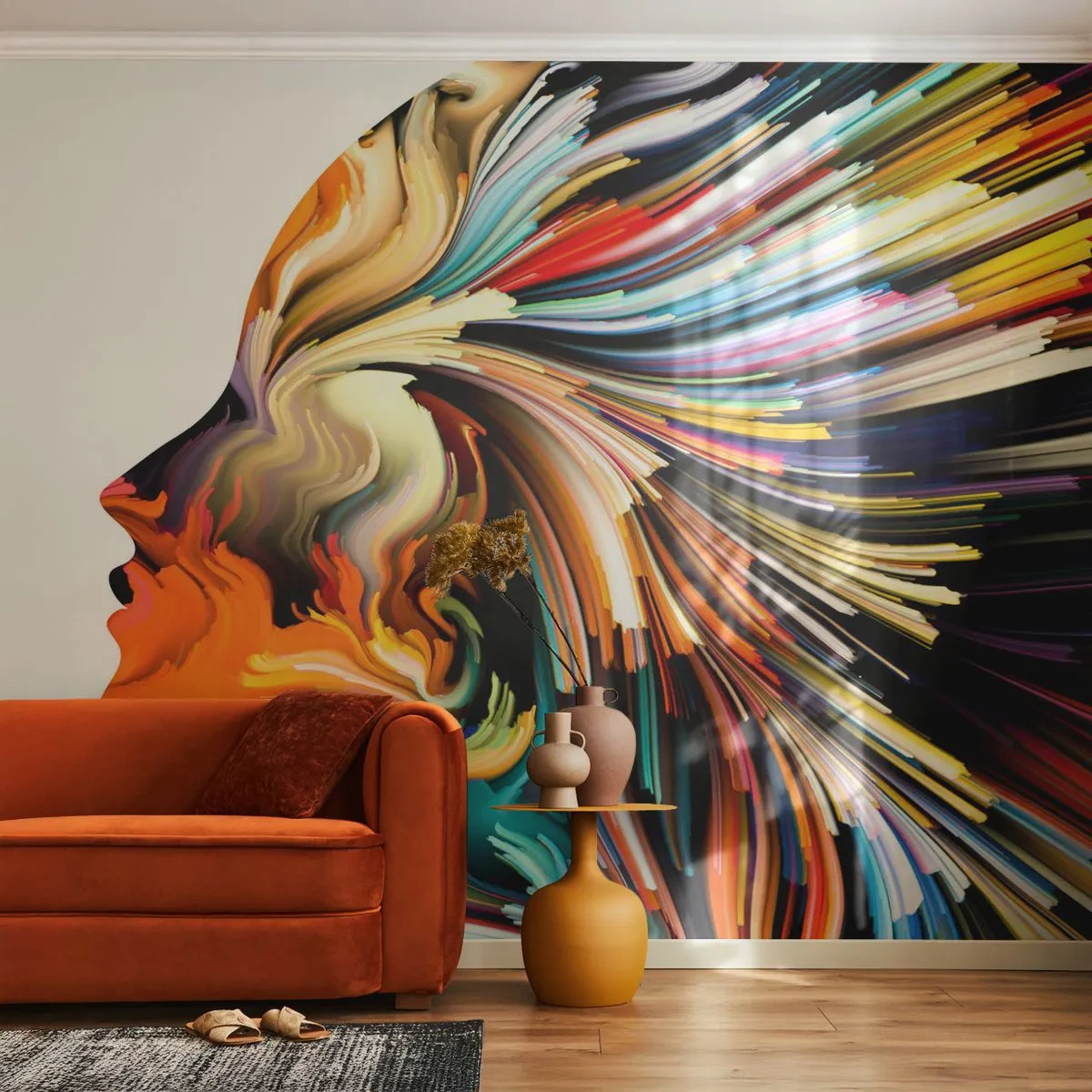Fototapete Premium Sand - Abstraktes Frauenprofil mit bunten Pinselstrichen - 100x70cm - Eine Explosion der Fantasie - Moderne Wanddekoration für Wohnzimmer und Schlafzimmer ARTTOR